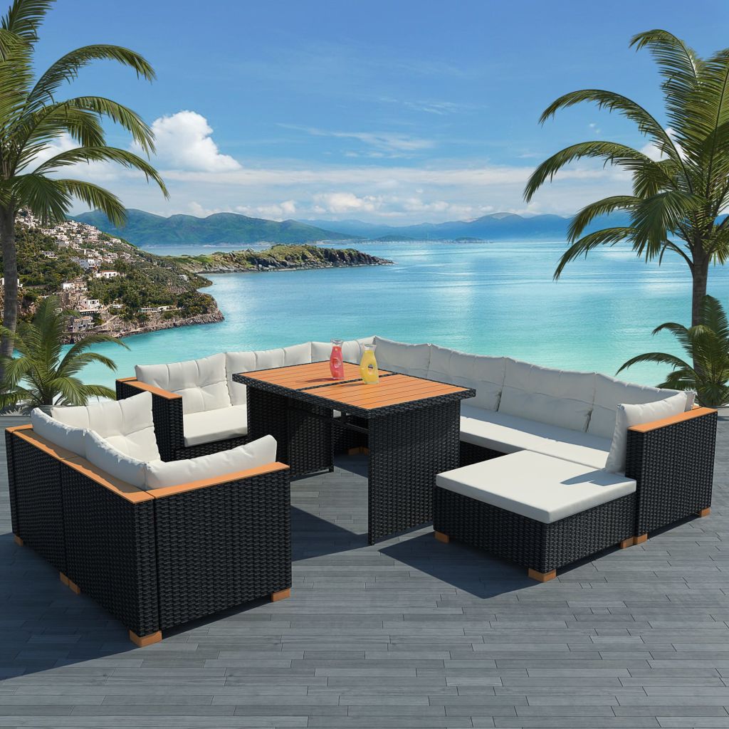 10 Piece Garden Lounge Set with Cushions Poly Rattan Black