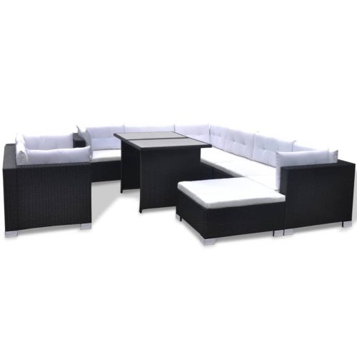 10 Piece Garden Lounge Set with Cushions Poly Rattan Black