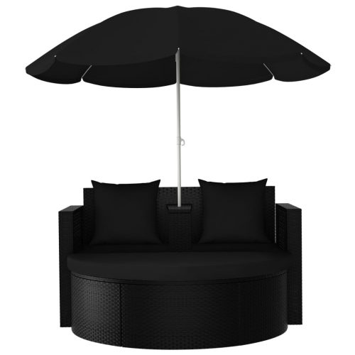 Garden Bed with Parasol Poly Rattan Black