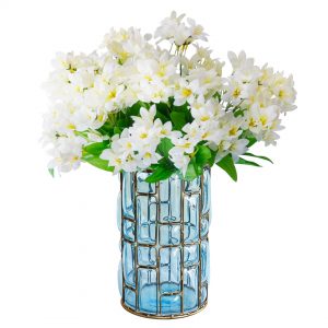 Blue Glass Cylinder Flower Vase with 10 Bunch 6 Heads Artificial Fake Silk Lilium nanum Home Decor Set