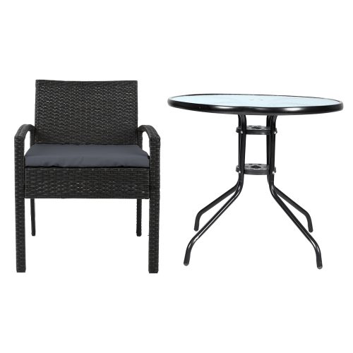 Outdoor Furniture Dining Chairs Wicker Garden Patio Cushion Black 3PCS Sofa Set Tea Coffee Cafe Bar Set