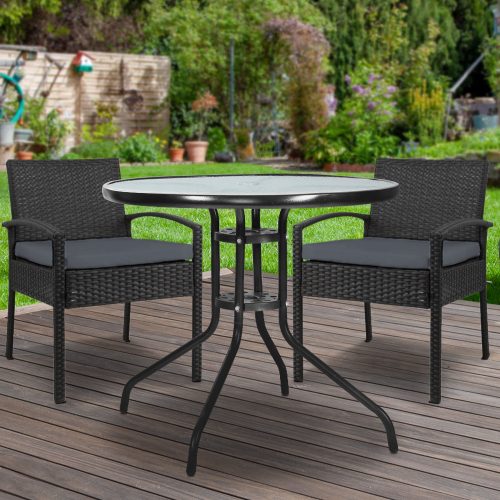 Outdoor Furniture Dining Chairs Wicker Garden Patio Cushion Black 3PCS Sofa Set Tea Coffee Cafe Bar Set