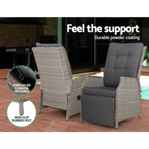 Set of 2 Recliner Chairs Sun lounge Outdoor Furniture Setting Patio Wicker Sofa Grey