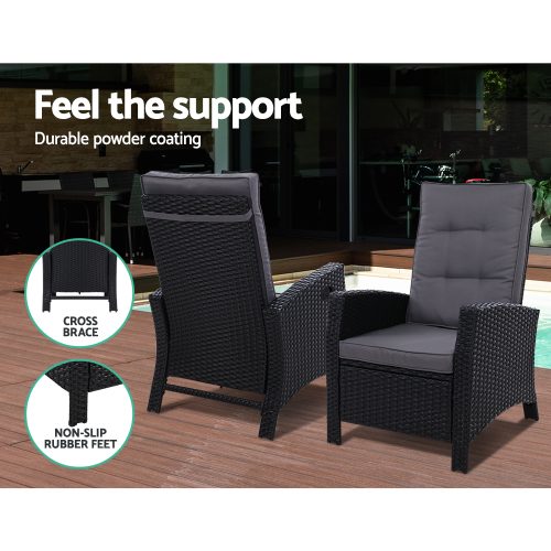 Sun lounge Recliner Chair Wicker Lounger Sofa Day Bed Outdoor Furniture Patio Garden Cushion Ottoman Black