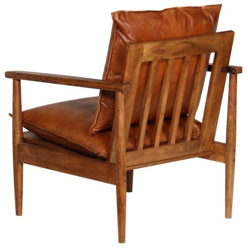 Armchair Brown Real Leather with Acacia Wood