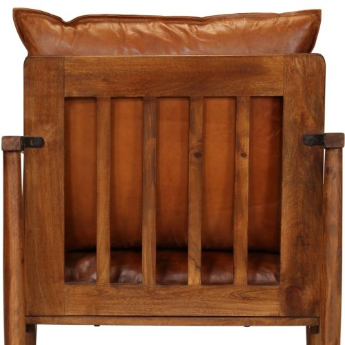 Armchair Brown Real Leather with Acacia Wood