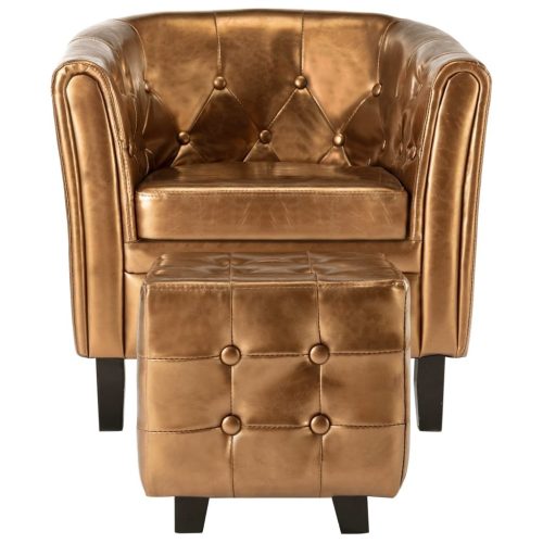 Tub Chair with Footstool Brown Faux Leather