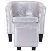 Tub Chair with Footstool Shiny Sliver Faux Leather