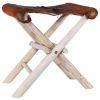 Folding Stool Real Leather and Solid Teak Wood