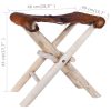 Folding Stool Real Leather and Solid Teak Wood