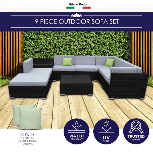 Milano Outdoor 9 Piece Rattan Sofa Set – Black Coating & Grey Seats (6 Boxes)