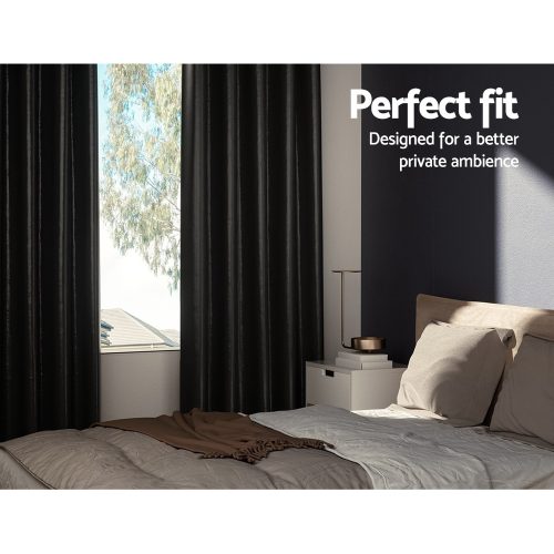 2X Blockout Curtains Blackout Window Curtain Eyelet 140x230cm Black Shine