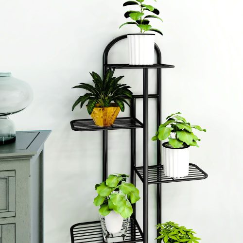 4 Tier 5 Pots Black Metal Plant Stand Flowerpot Display Shelf Rack Indoor Home Office Decor