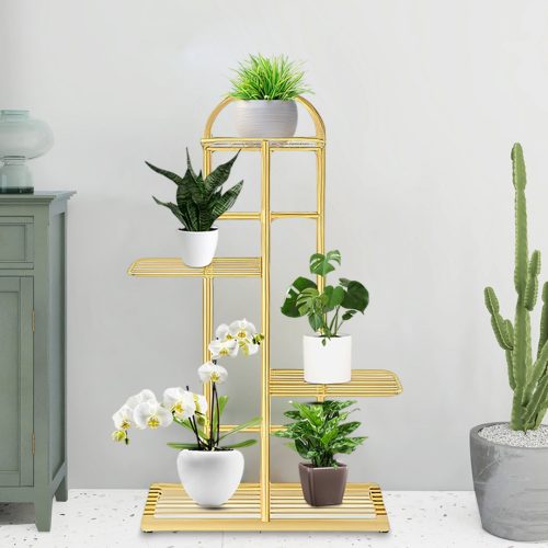 4 Tier 5 Pots Gold Metal Plant Stand Flowerpot Display Shelf Rack Indoor Home Office Decor