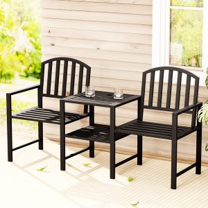 Outdoor Garden Bench Seat Loveseat Steel Table Chairs Patio Furniture Black