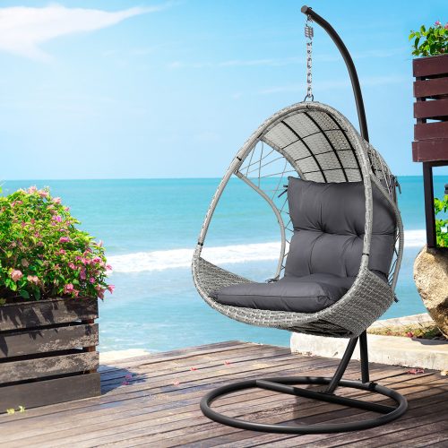 Outdoor Egg Swing Chair Wicker Furniture Pod Stand Armrest Light Grey