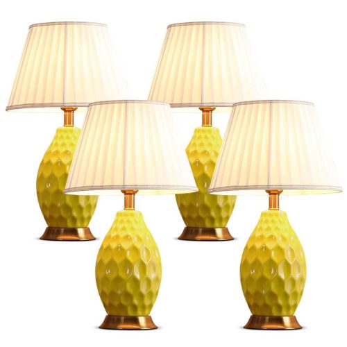 2X Textured Ceramic Oval Table Lamp with Gold Metal Base Yellow