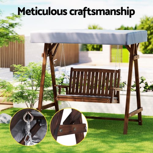 Outdoor Wooden Swing Chair Garden Bench Canopy Cushion 2 Seater Charcoal