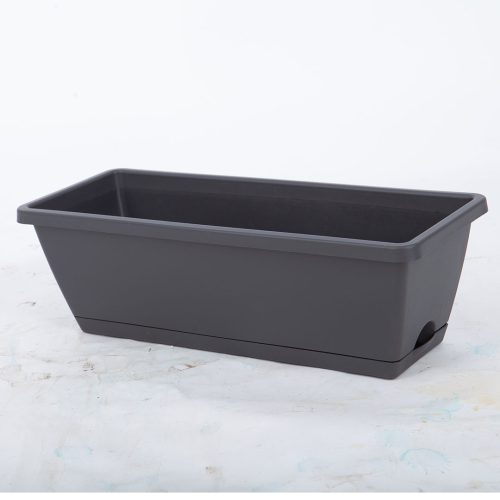 49.5cm Black Rectangular Planter Vegetable Herb Flower Outdoor Plastic Box with Holder Balcony Garden Decor Set of 2