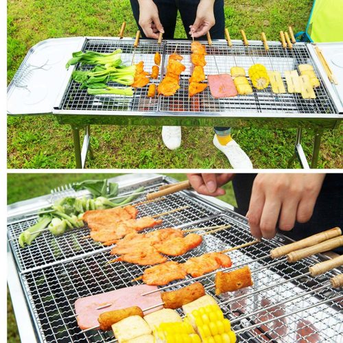 2X Skewers Grill with Side Tray Portable Stainless Steel Charcoal BBQ Outdoor 6-8 Persons