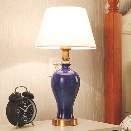 4X Blue Ceramic Oval Table Lamp with Gold Metal Base