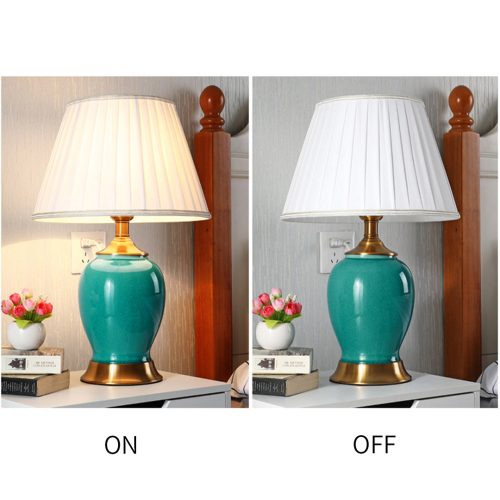 2X Ceramic Oval Table Lamp with Gold Metal Base Desk Lamp Green