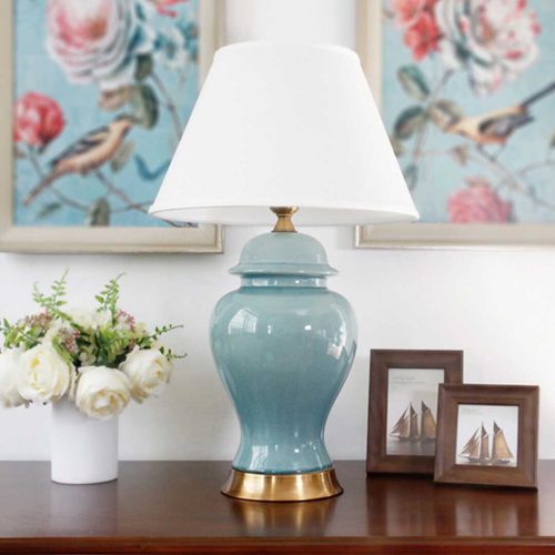 Oval Ceramic Table Lamp with Gold Metal Base Desk Lamp Blue