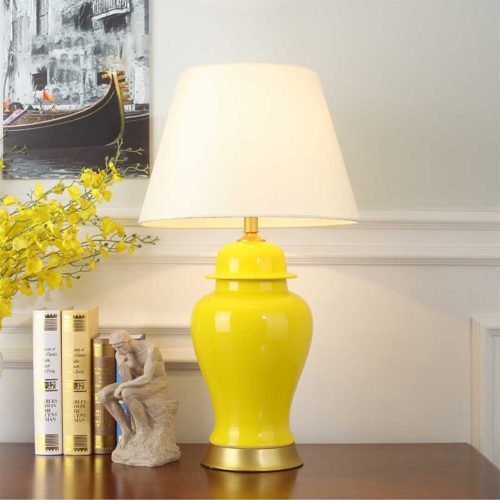 2X Oval Ceramic Table Lamp with Gold Metal Base Desk Lamp Yellow