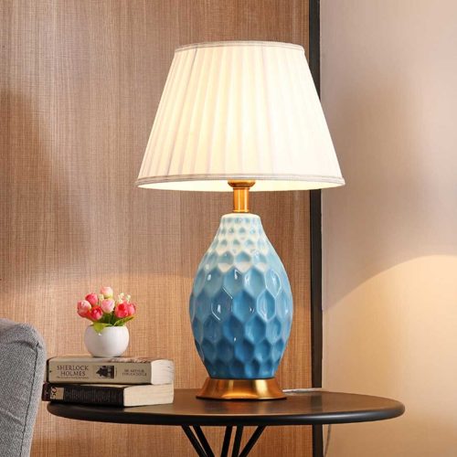 Textured Ceramic Oval Table Lamp with Gold Metal Base Blue