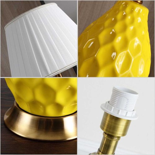 Textured Ceramic Oval Table Lamp with Gold Metal Base Yellow