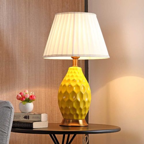 Textured Ceramic Oval Table Lamp with Gold Metal Base Yellow