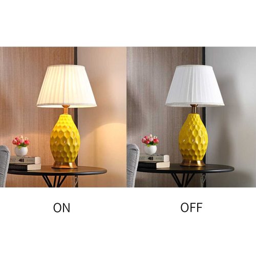 2X Textured Ceramic Oval Table Lamp with Gold Metal Base Yellow