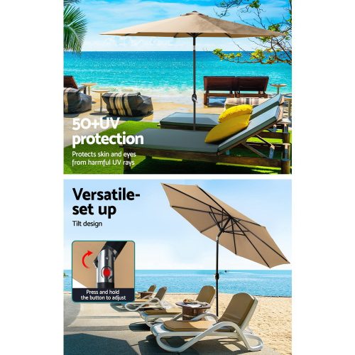 Outdoor Umbrella 2.7m Base Beach Pole Garden Tilt Sun Patio UV Beige