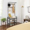 Greige and Black Steel Freestanding Coat Rack Stand with Removable Hooks, Bench and Shoe Rack, Height 183 cm