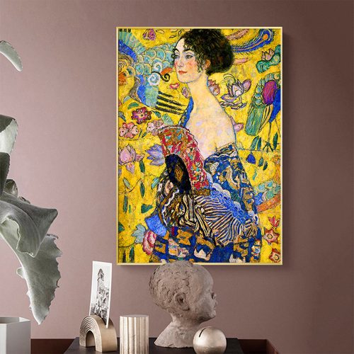 50cmx70cm Lady With A fan By Klimt Gold Frame Canvas Wall Art