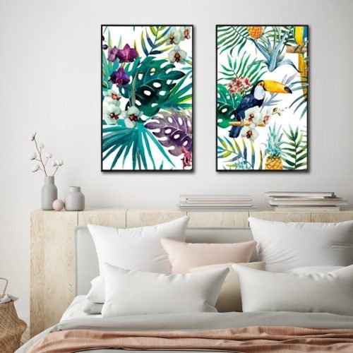 Wall Art 100cmx150cm Toucan and orchid 2 Sets Black Frame Canvas