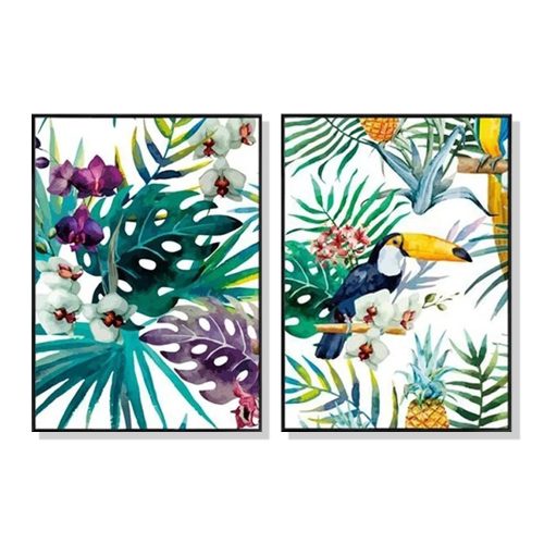 Wall Art 100cmx150cm Toucan and orchid 2 Sets Black Frame Canvas