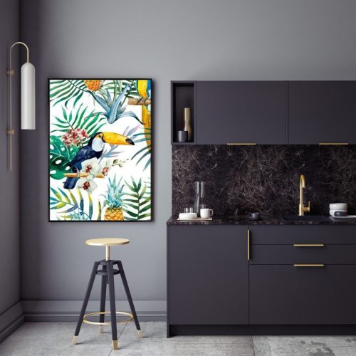 Wall Art 90cmx135cm Toucan plants Black Frame Canvas