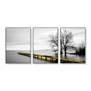 Wall Art 70cmx100cm Calm Lake Bridge Tree Scene 3 Sets Black Frame Canvas