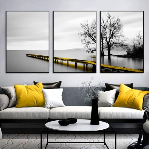 Wall Art 90cmx135cm Calm Lake Bridge Tree Scene 3 Sets Black Frame Canvas