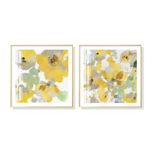 Wall Art 80cmx80cm Yellow Flowers American Style 2 Sets Gold Frame Canvas