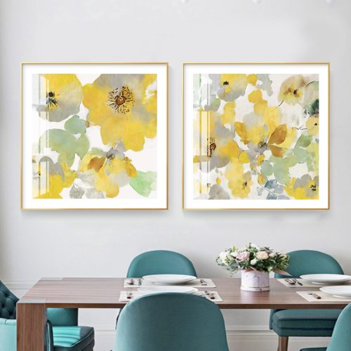 Wall Art 100cmx100cm Yellow Flowers American Style 2 Sets Gold Frame Canvas