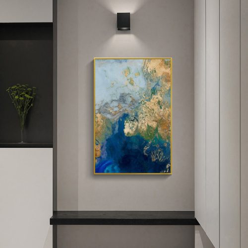 Wall Art 90cmx135cm Marbled Blue Gold Artwork Gold Frame Canvas