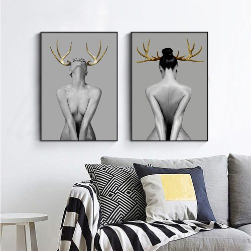 Wall Art 100cmx150cm Girl With Gold Horn 2 Sets Black Frame Canvas