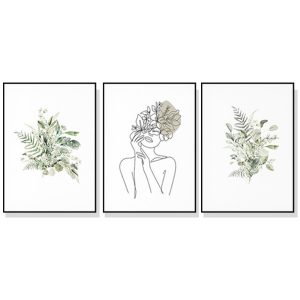 Wall Art 70cmx100cm Botanical Line Girl 3 Sets Black Frame Canvas