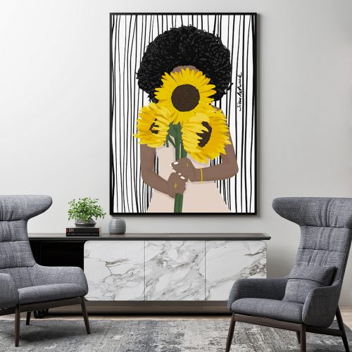 Wall Art 90cmx135cm African Woman Sunflower Black Frame Canvas