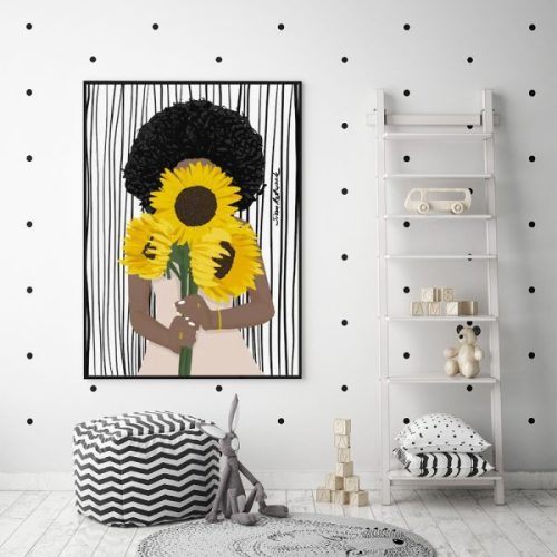 Wall Art 100cmx150cm African Woman Sunflower Black Frame Canvas