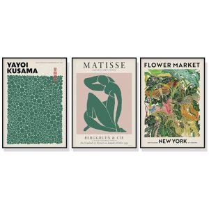 Wall Art 70cmx100cm Flower Market, Matisse Print, Yayoi Kusama 3 Sets Black Frame Canvas