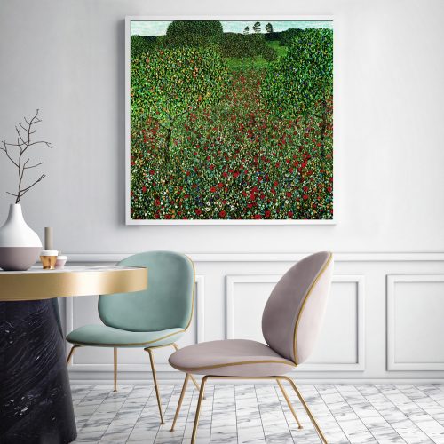 Wall Art 100cmx100cm Field of Poppies by Gustav Klimt White Frame Canvas