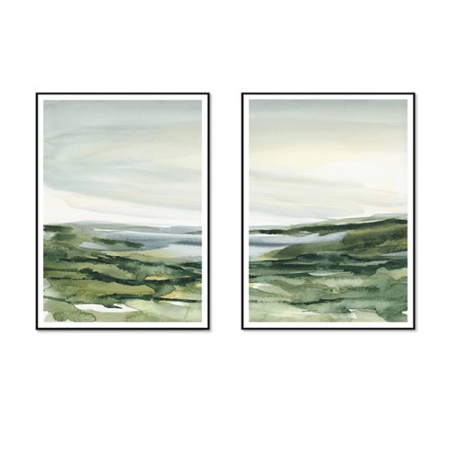 Wall Art 80cmx120cm Watercolor landscape 2 Sets Black Frame Canvas